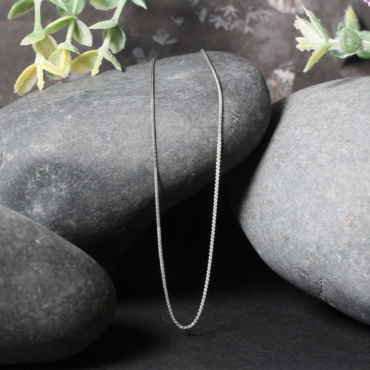 14K White Gold Diamond Cut Round Wheat Chain Necklace (0.60 mm)