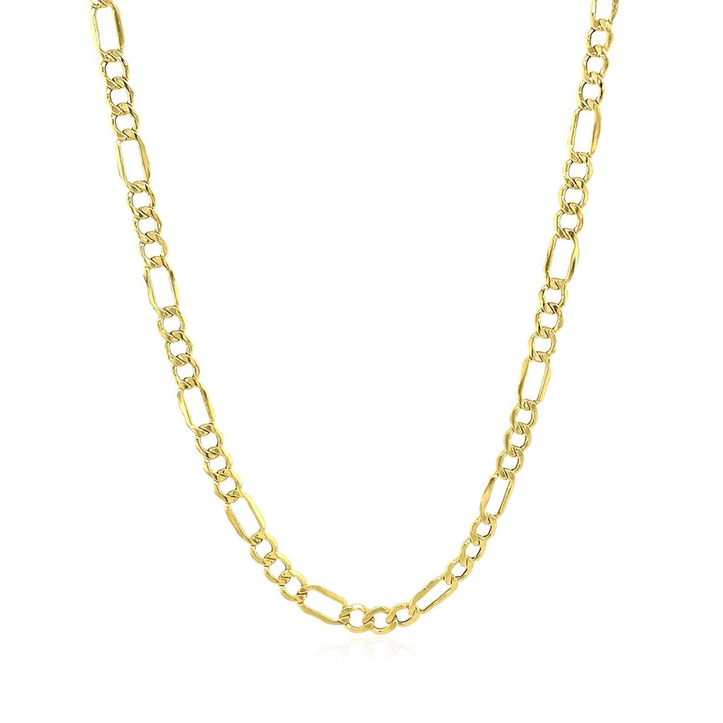 10K yellow gold Figaro chain, 3.70mm, detailed product photo showing link pattern and shine.