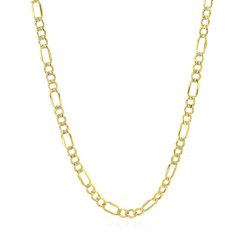 10K yellow gold Figaro chain, 3.70mm, detailed product photo showing link pattern and shine.