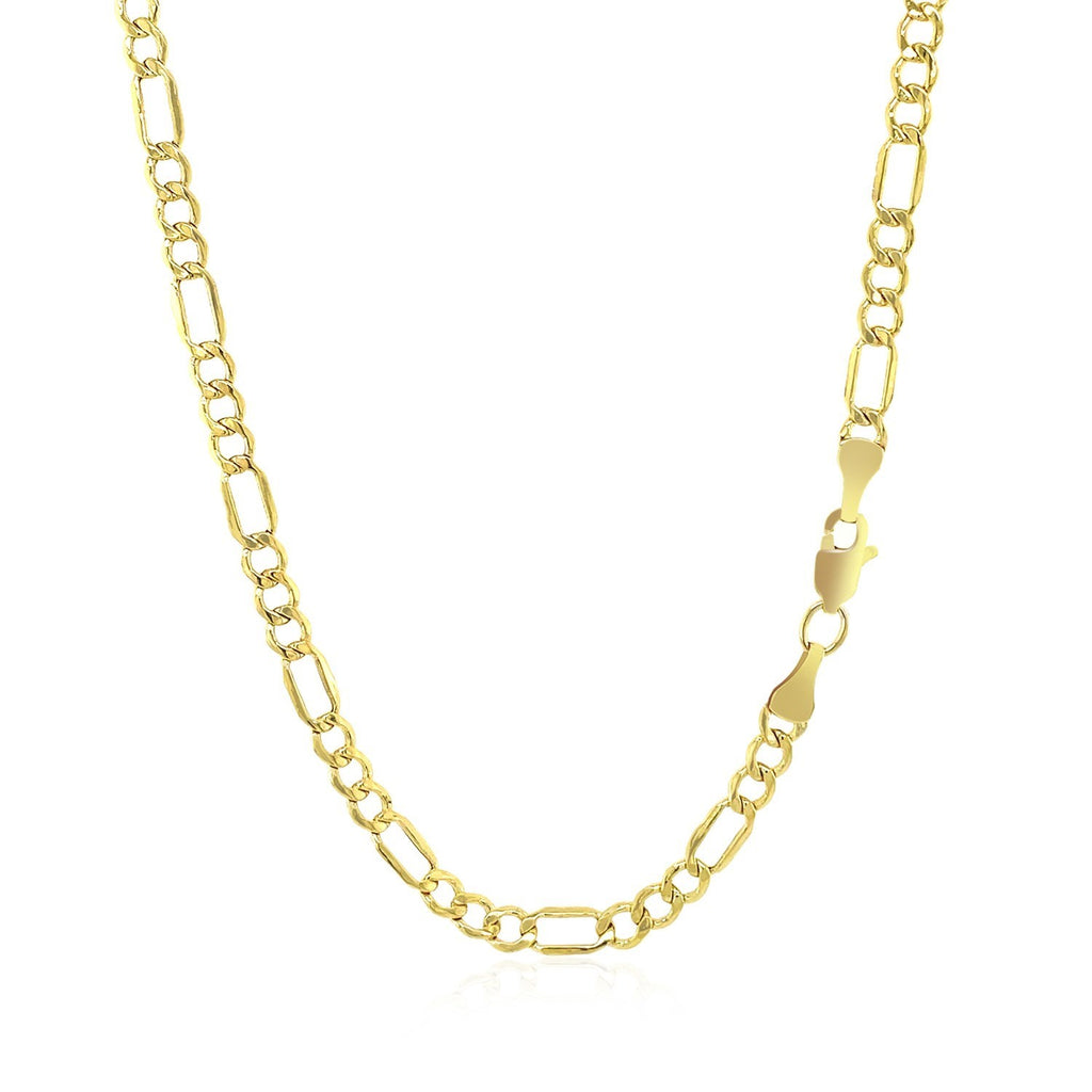Lobster clasp close‑up on 10K yellow gold lite Figaro chain, 3.70mm, showing secure fastening design.