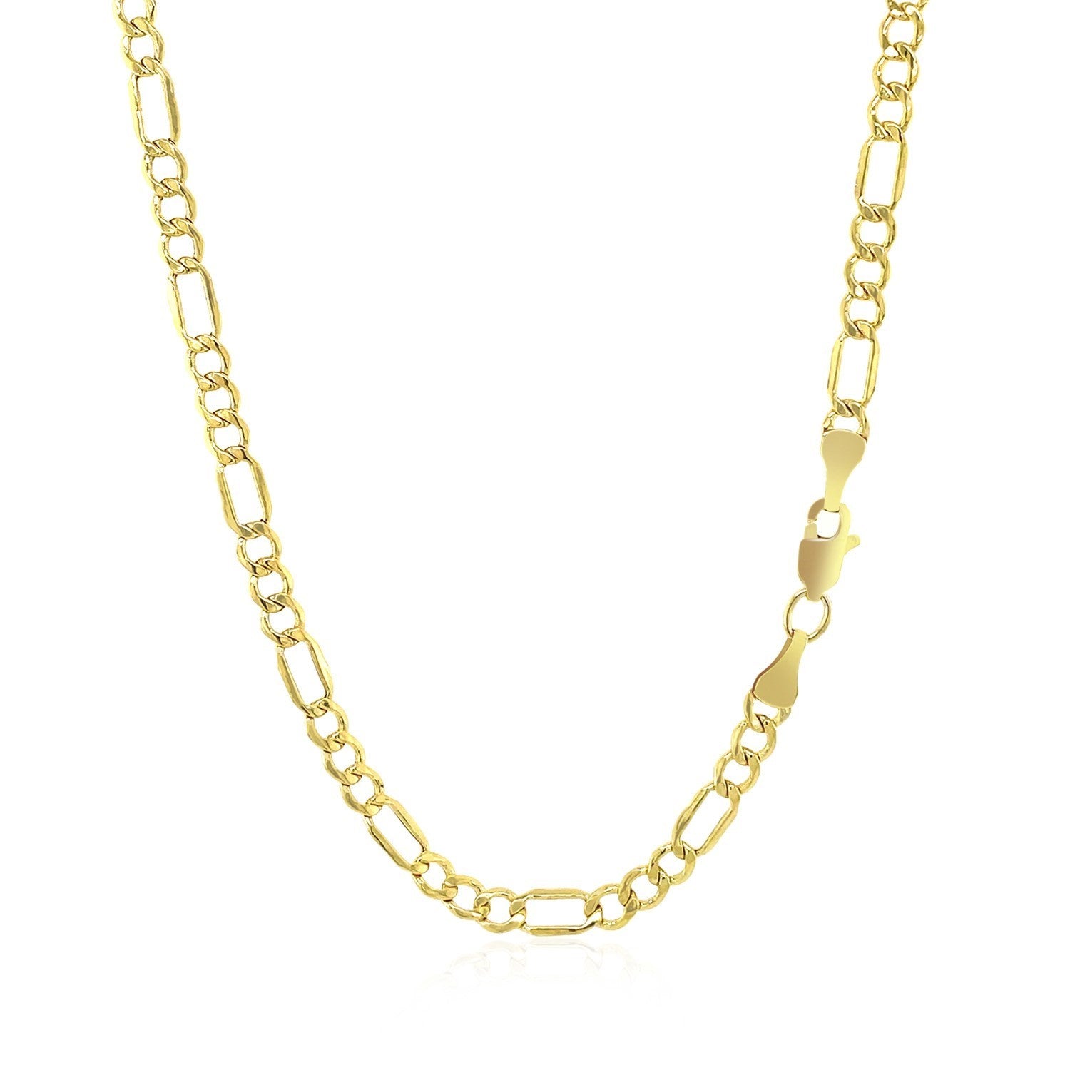 Lobster clasp close‑up on 10K yellow gold lite Figaro chain, 3.70mm, showing secure fastening design.