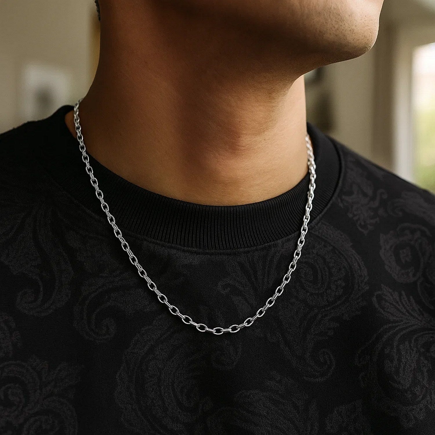 14K White Gold Oval Rolo Chain – 3.20mm, Solid Gold