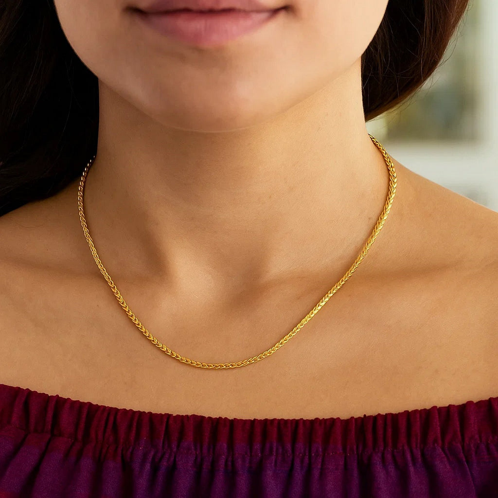 14K Yellow Gold Diamond Cut Round Wheat Chain – 1.00mm, Solid Gold