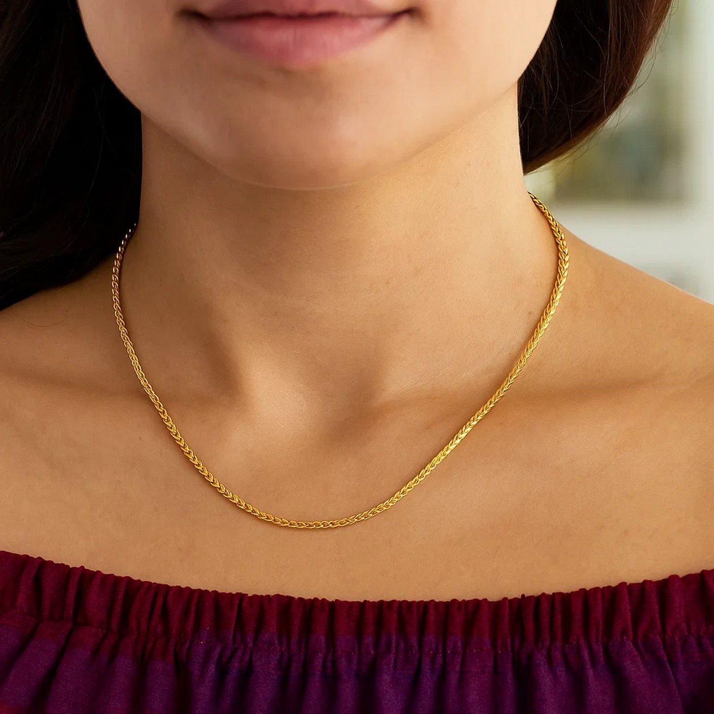14K Yellow Gold Diamond Cut Round Wheat Chain Necklace (1.00 mm)