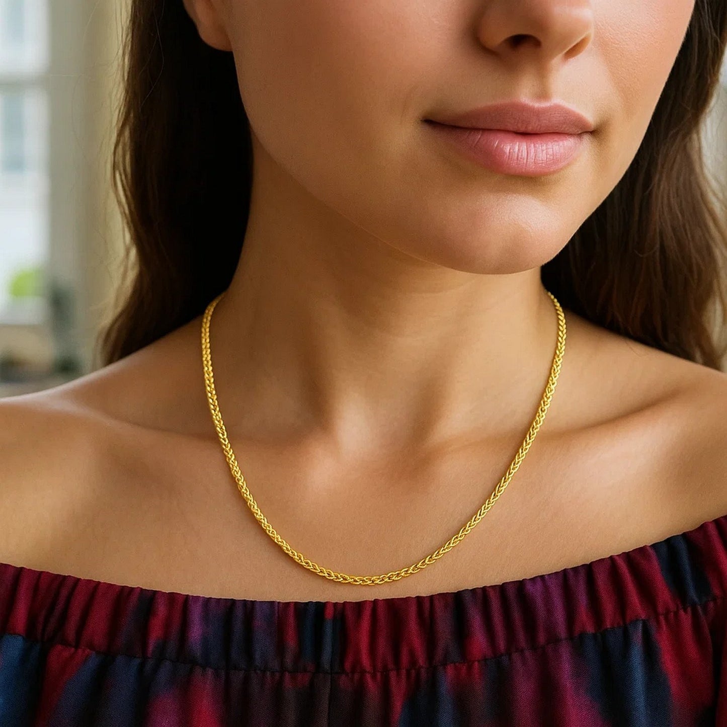 14K Yellow Gold Diamond Cut Round Wheat Chain Necklace (1.00 mm)