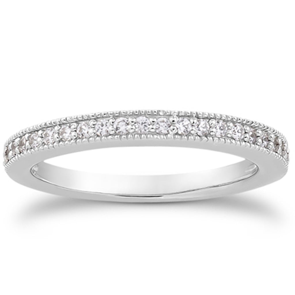 14k White Gold Pavé Diamond Milgrain Wedding Band Set
