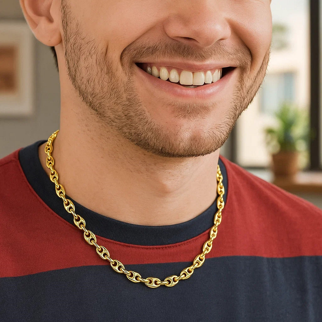 14K Yellow Gold Men's Puffed Mariner Link Chain Necklace – 18 to 24 Inches – 14K Gold