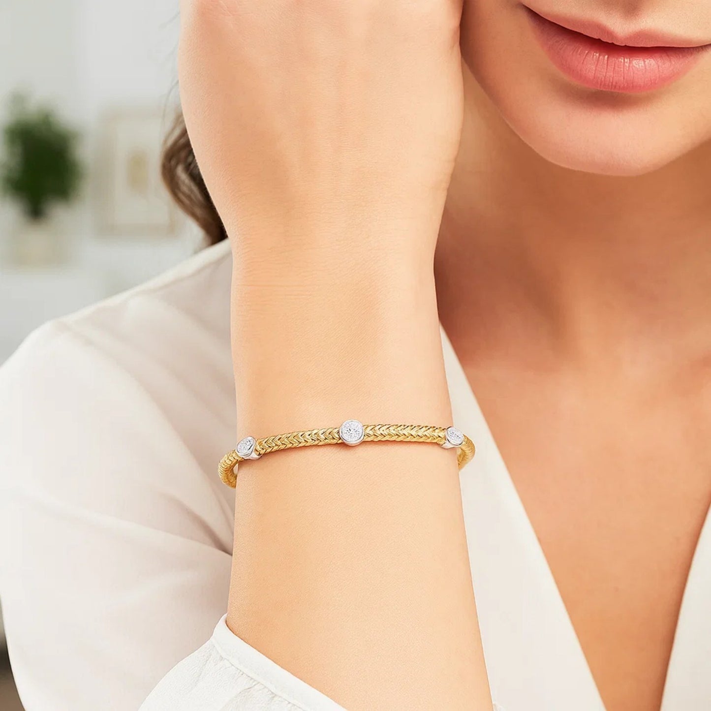 14K Two-Tone Gold Diamond Accent Basket Weave Bracelet | 0.19 cttw | 7.25 Inches