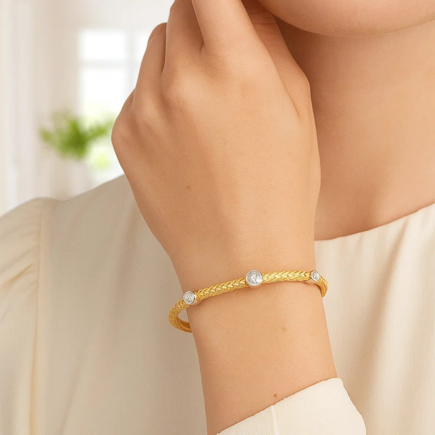 14K Two-Tone Gold Diamond Accent Basket Weave Bracelet | 0.19 cttw | 7.25 Inches