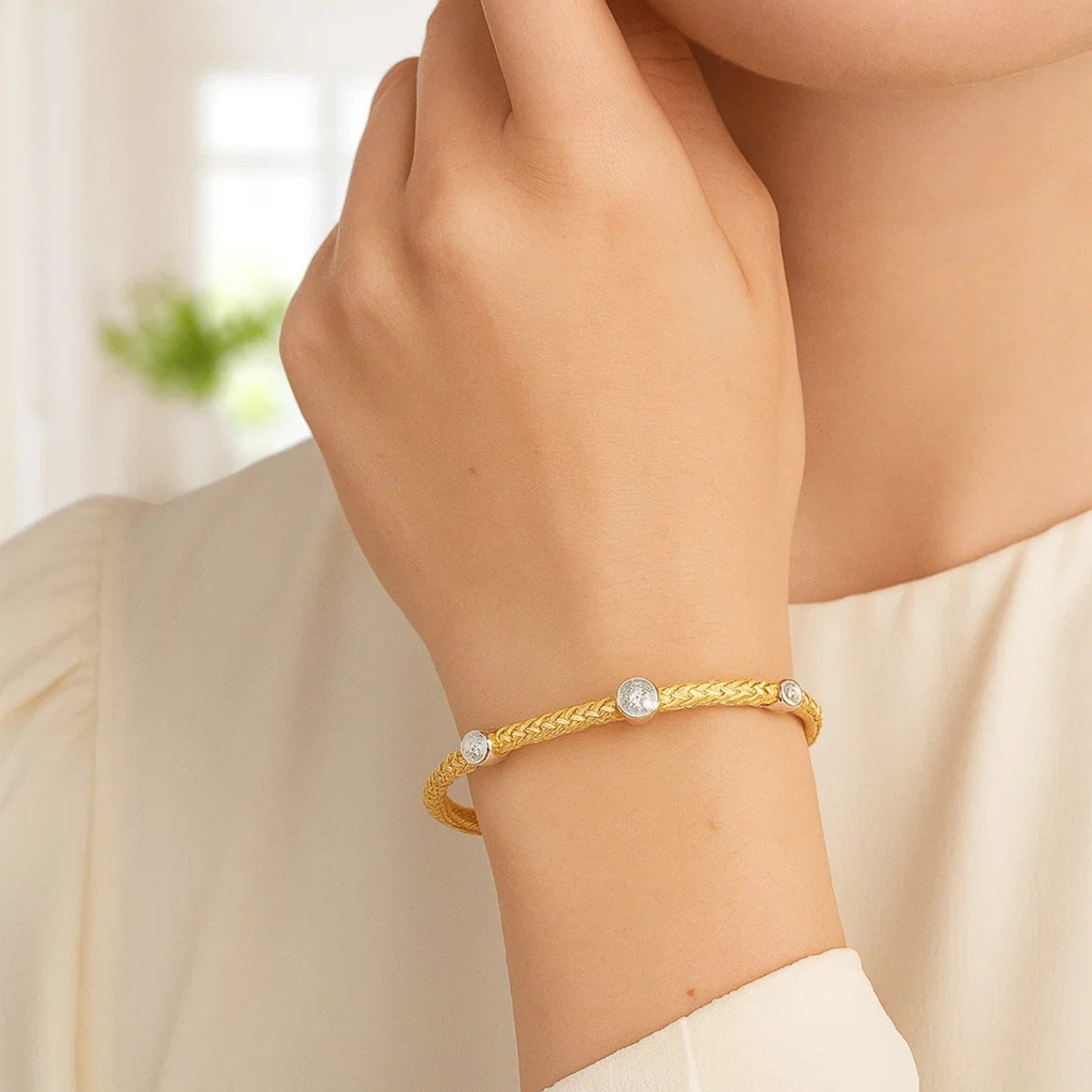 14K Two-Tone Gold Diamond Accent Basket Weave Bracelet | 0.19 cttw | 7.25 Inches