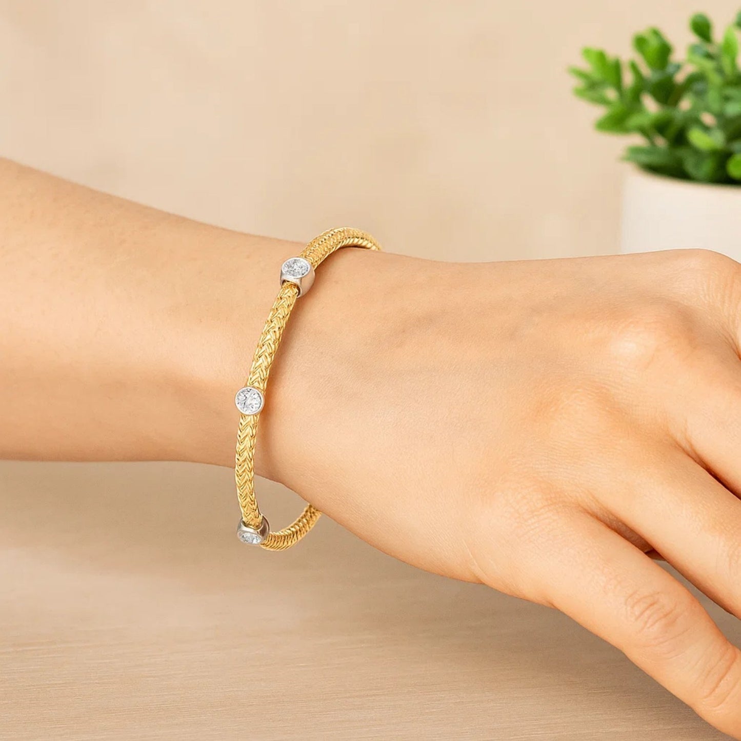 14K Two-Tone Gold Diamond Accent Basket Weave Bracelet | 0.19 cttw | 7.25 Inches