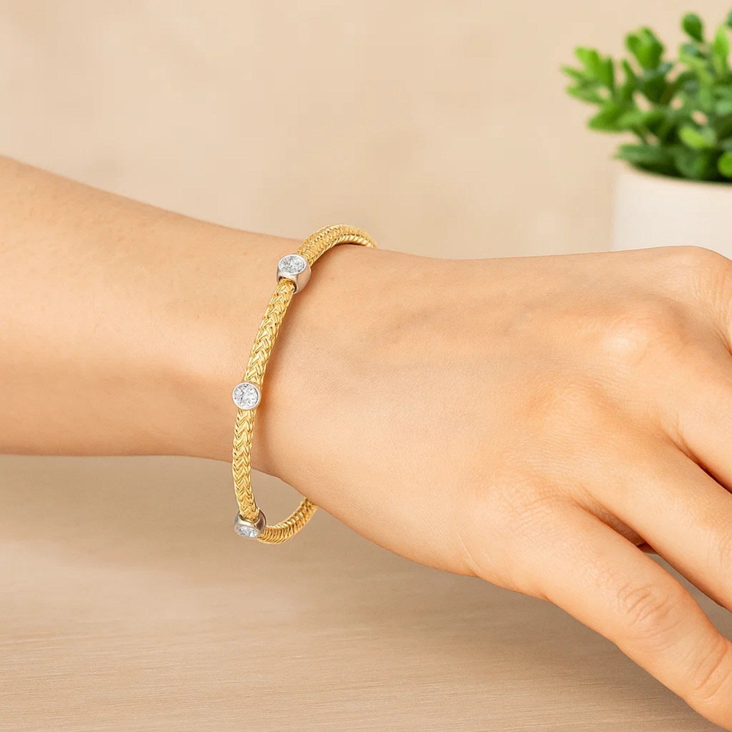 14K Two-Tone Gold Diamond Accent Basket Weave Bracelet | 0.19 cttw | 7.25 Inches