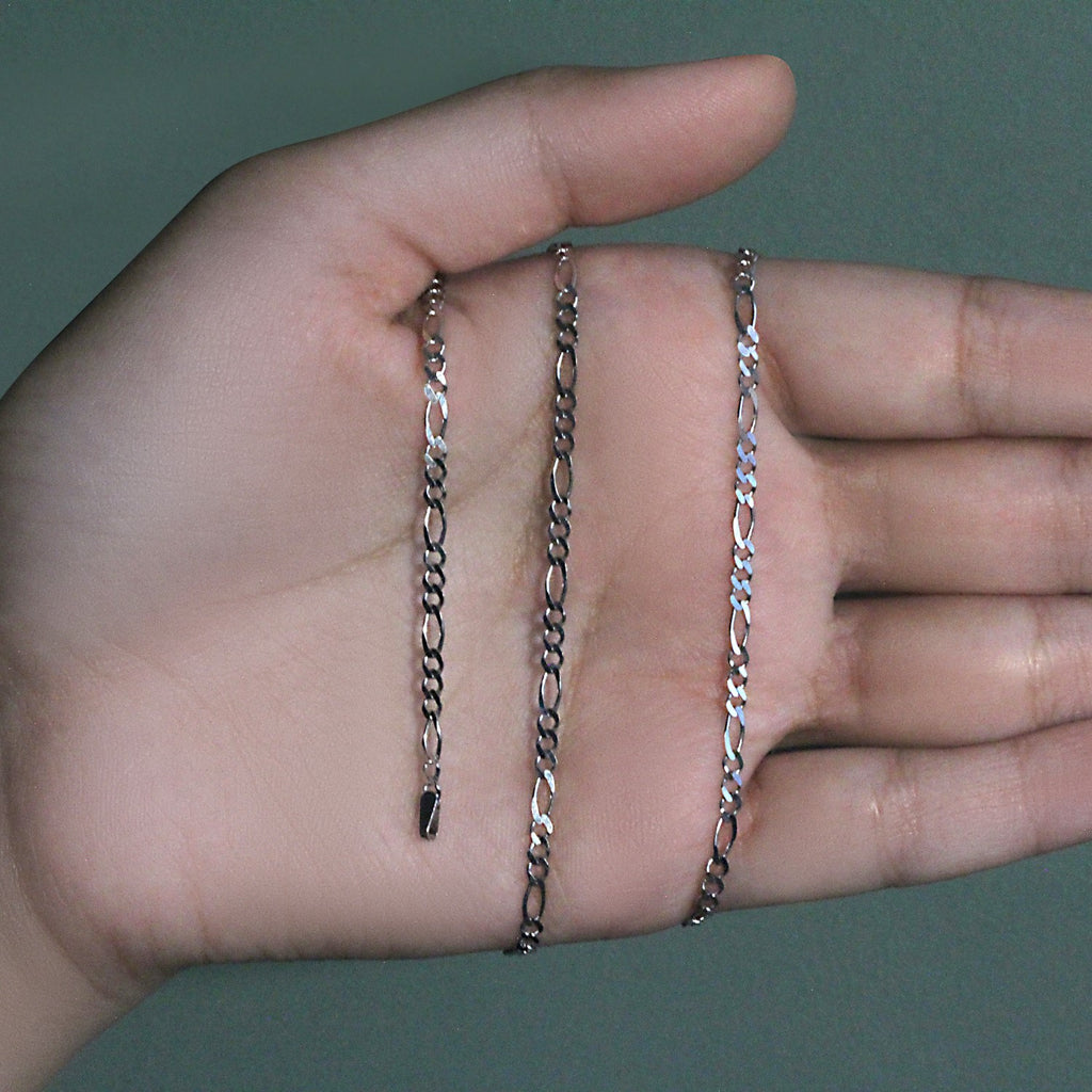 14K White Gold Solid Figaro Chain – 2.60mm, Solid Gold