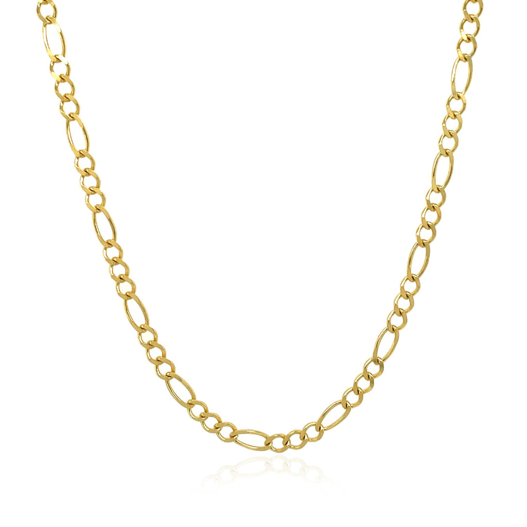 10K yellow gold solid Figaro chain, 2.60mm width, shown from an angled close‑up to highlight polished links and solid craftsmanship.