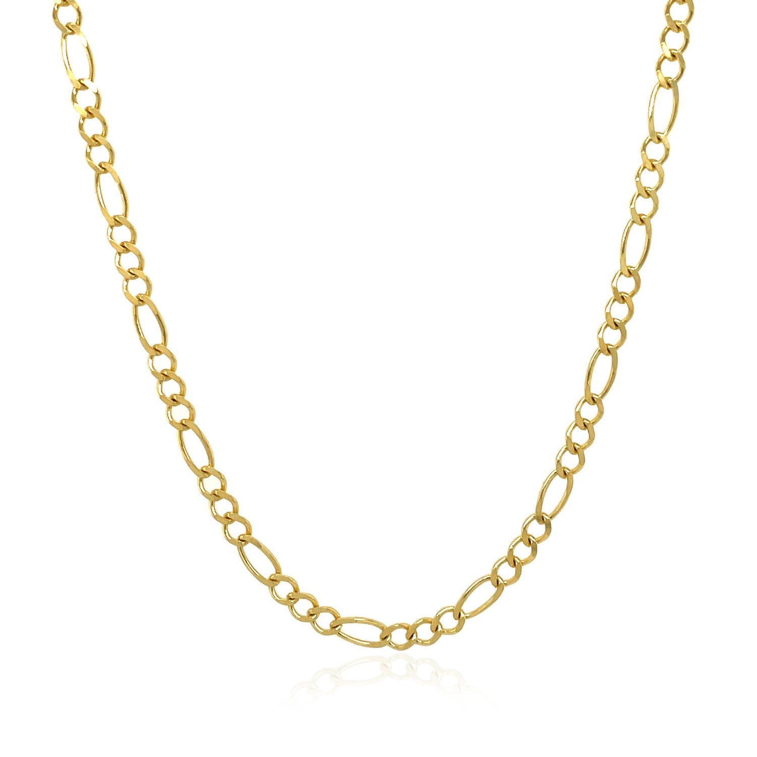 10K yellow gold solid Figaro chain, 2.60mm width, shown from an angled close‑up to highlight polished links and solid craftsmanship.