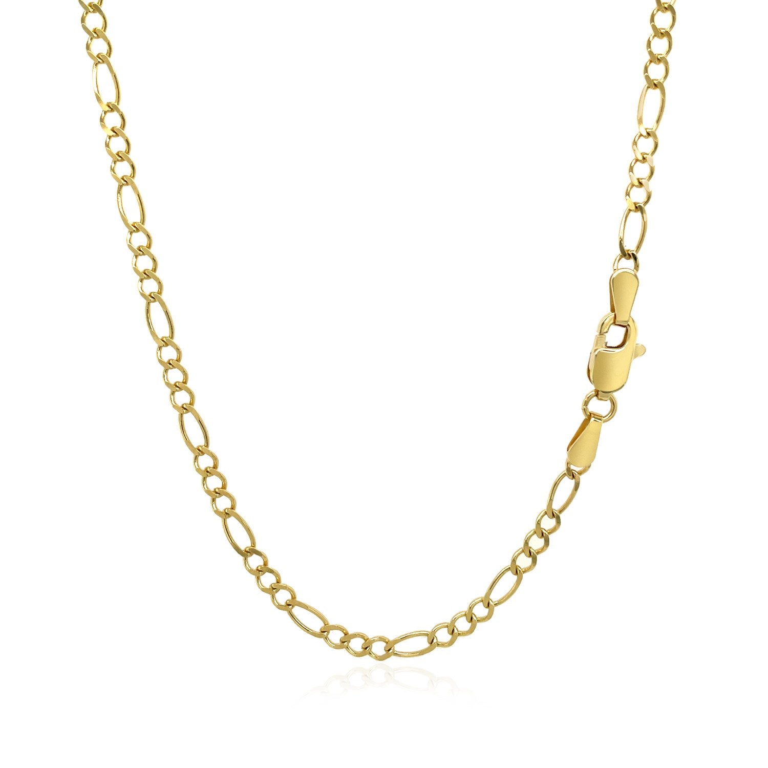 Close‑up of the lobster clasp on a 10K yellow gold solid Figaro chain, 2.60mm, showing polished finish and secure fastening design.