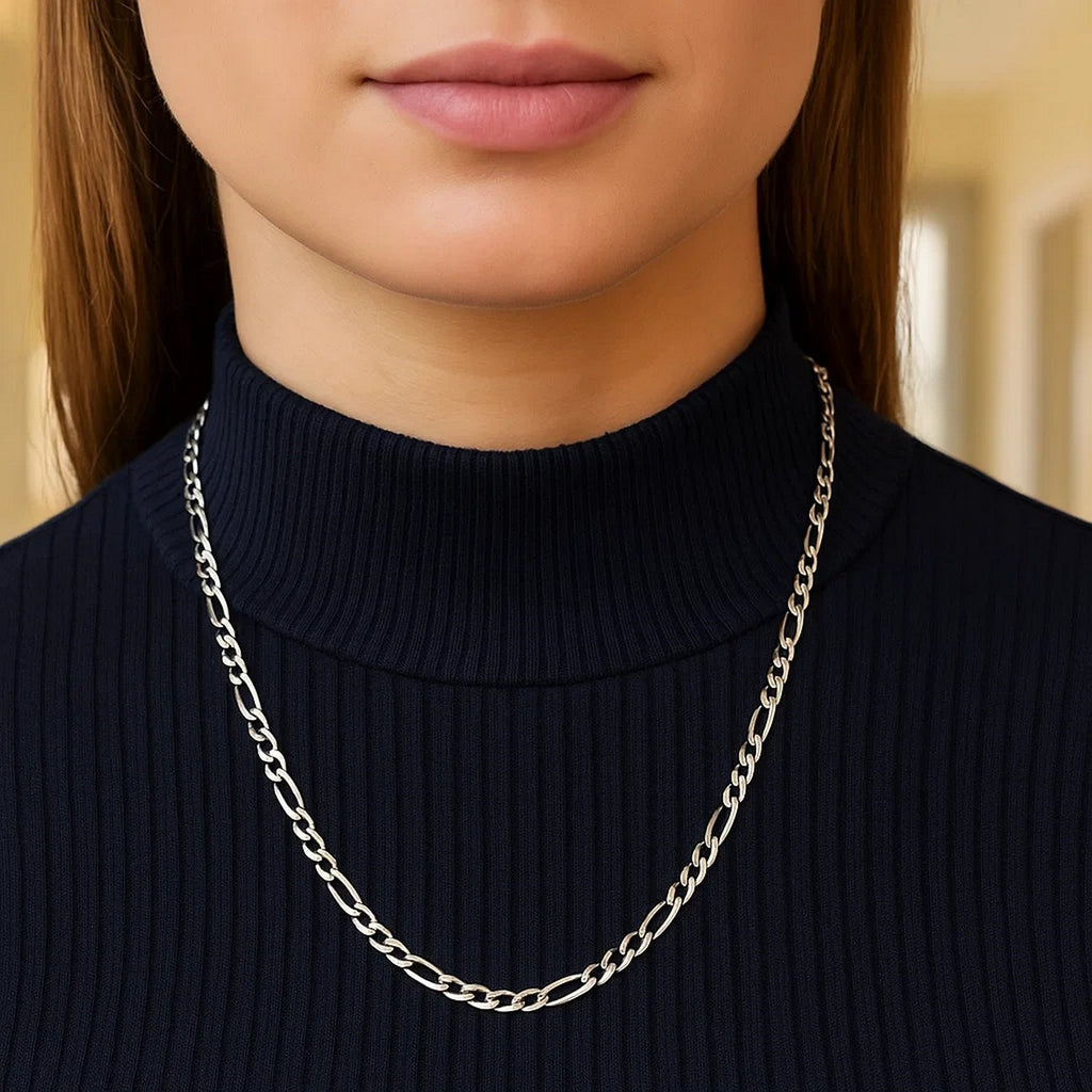 14K White Gold Solid Figaro Chain – 3.80mm, Solid Gold