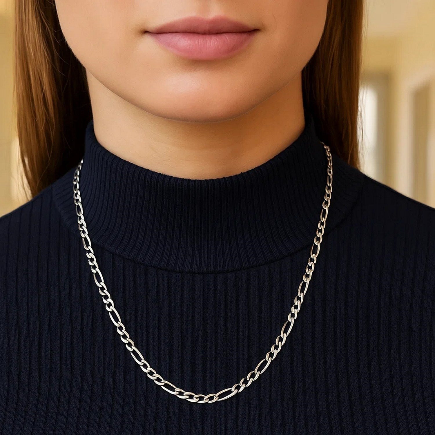 14K White Gold Solid Figaro Chain – 3.80mm, Solid Gold