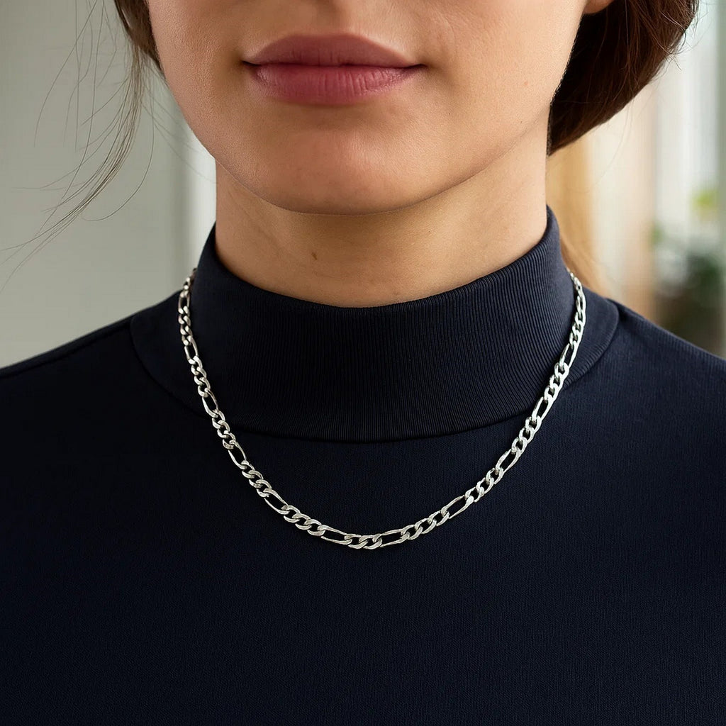 14K White Gold Solid Figaro Chain – 3.80mm, Solid Gold