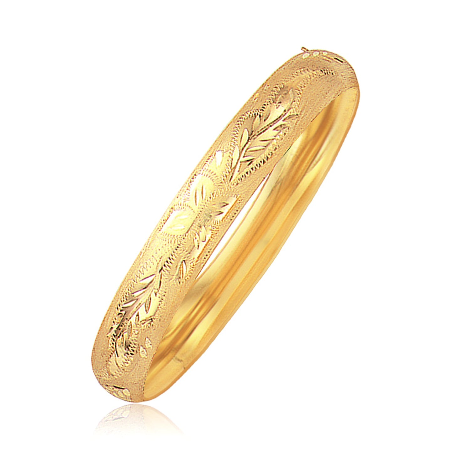 14K Yellow Gold Classic Floral Carved Bangle | High Polish | Hidden Clasp | 10.00 mm