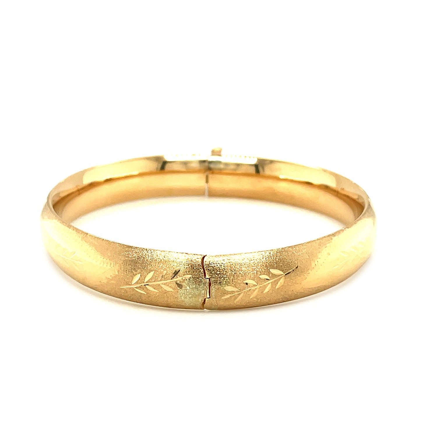 14K Yellow Gold Classic Floral Carved Bangle | High Polish | Hidden Clasp | 10.00 mm