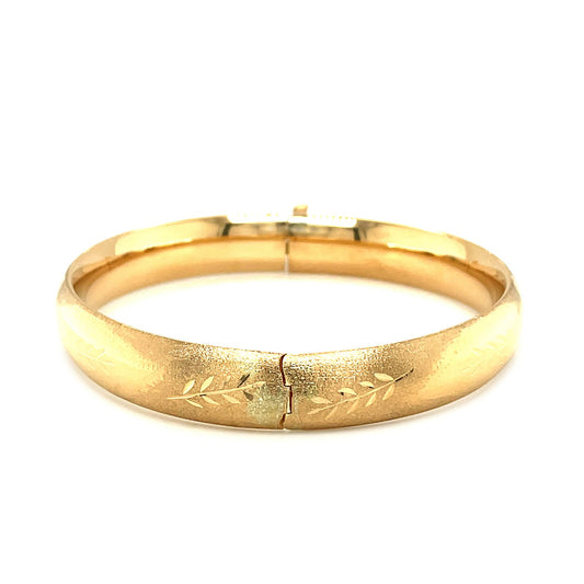 14K Yellow Gold Classic Floral Carved Bangle | High Polish | Hidden Clasp | 10.00 mm