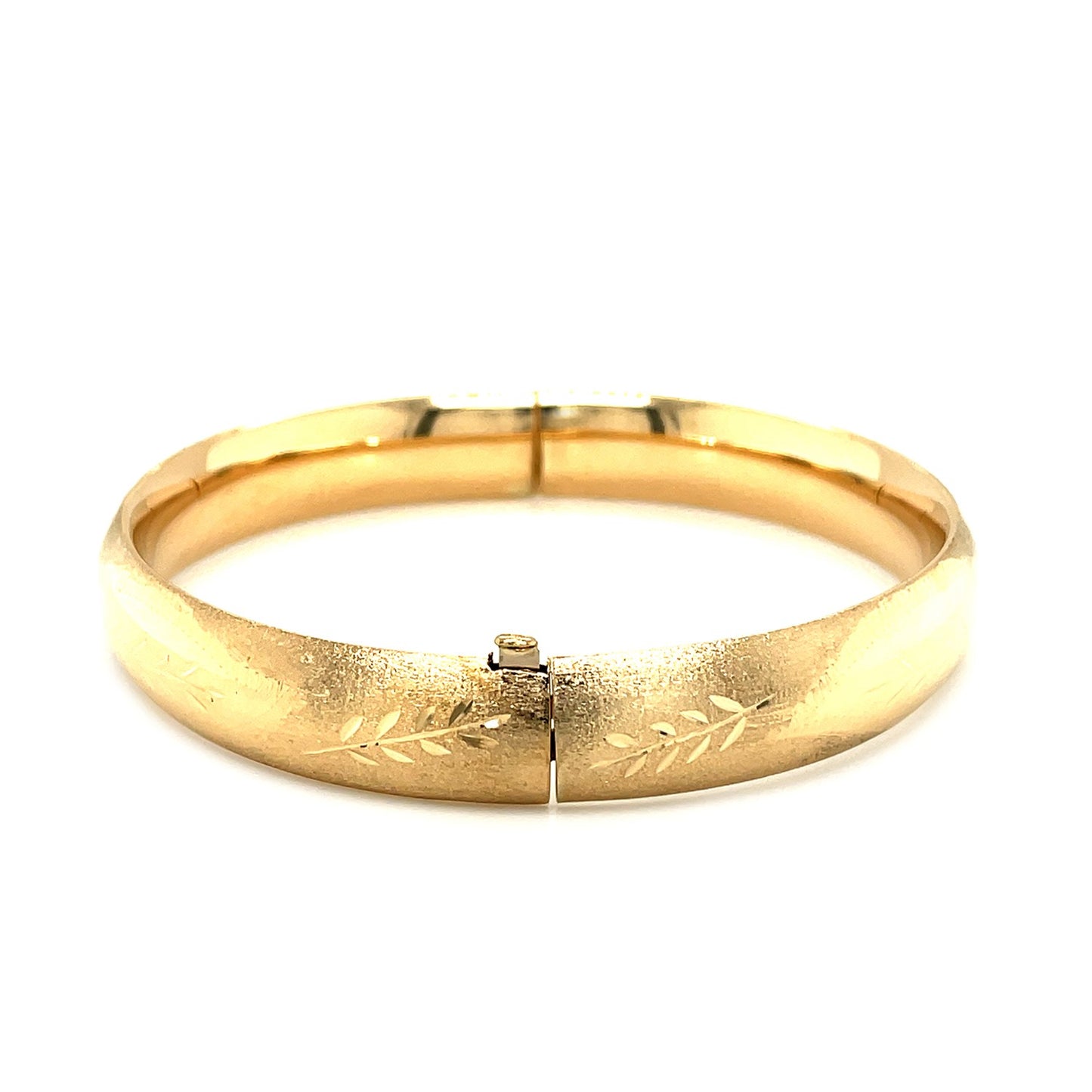 14K Yellow Gold Classic Floral Carved Bangle | High Polish | Hidden Clasp | 10.00 mm