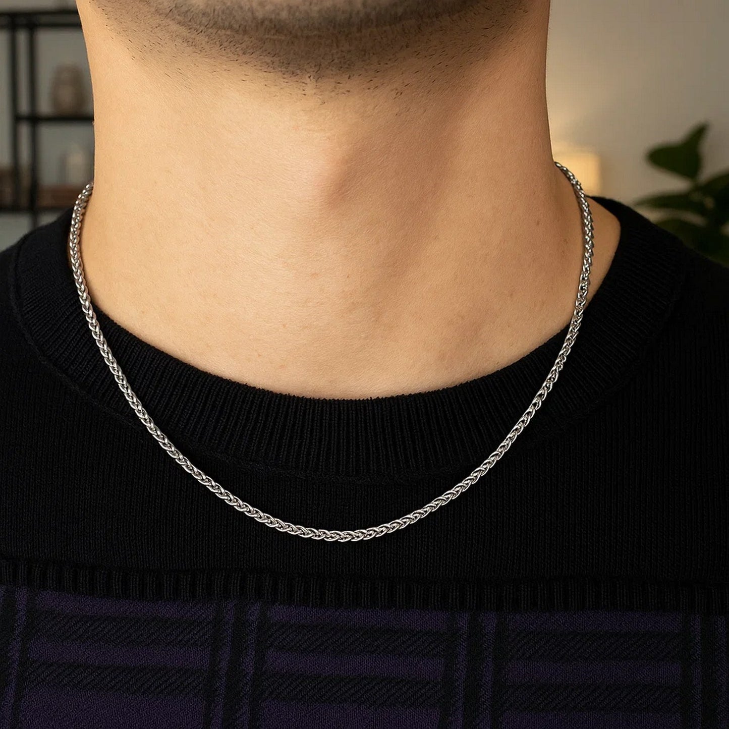 14K White Gold Round Wheat Chain Necklace (1.20 mm)