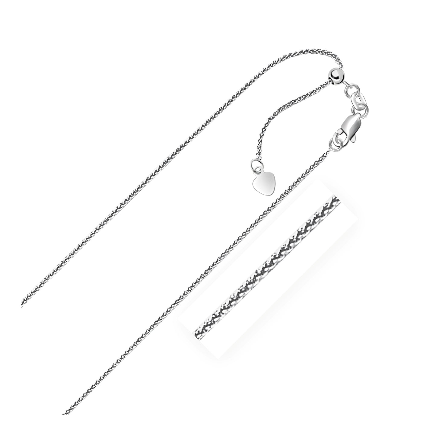 10K White Gold Adjustable Wheat Chain Necklace with Heart Dangle (1.00 mm)