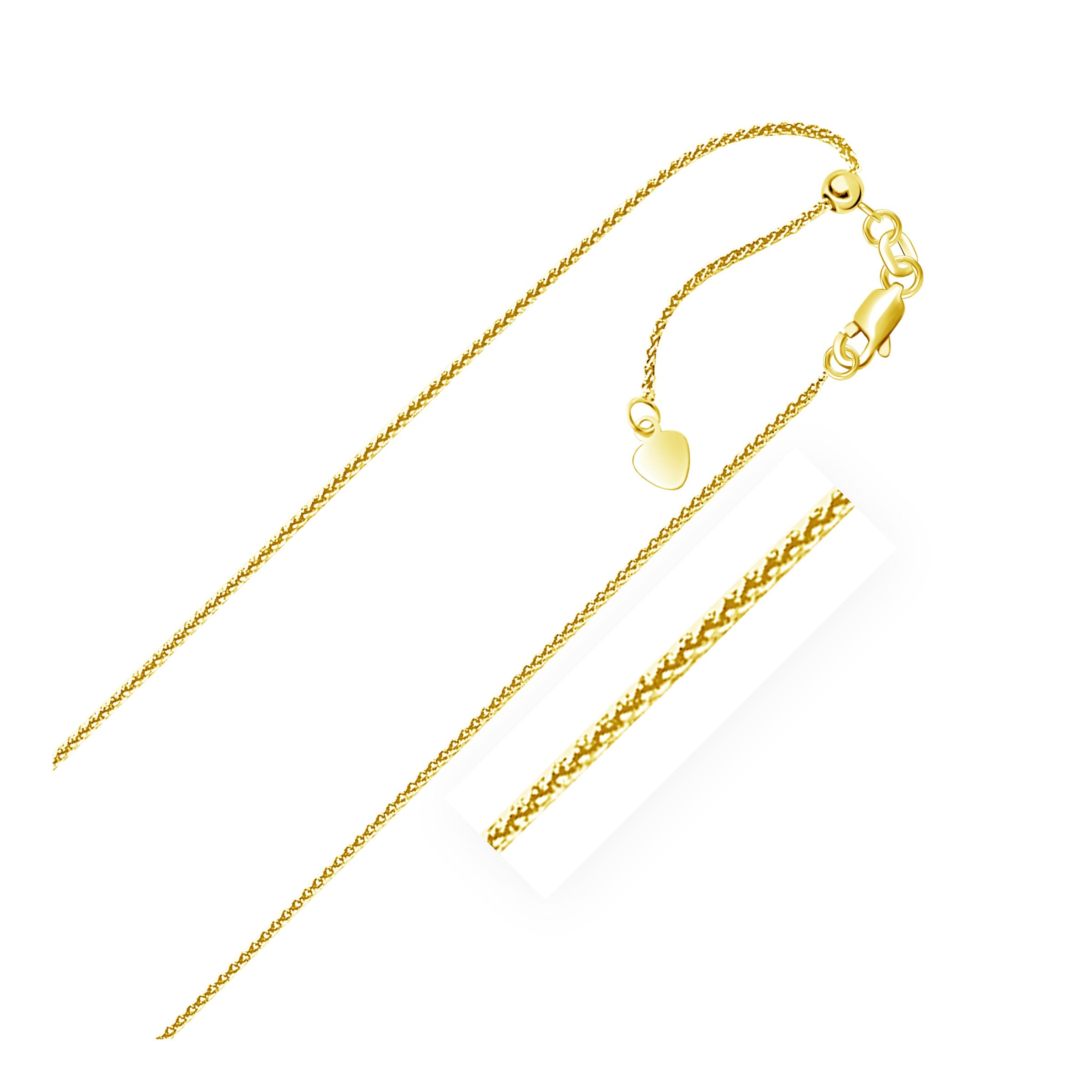 14K Yellow Gold Adjustable Wheat Chain Necklace with Heart Dangle (1.00 mm)