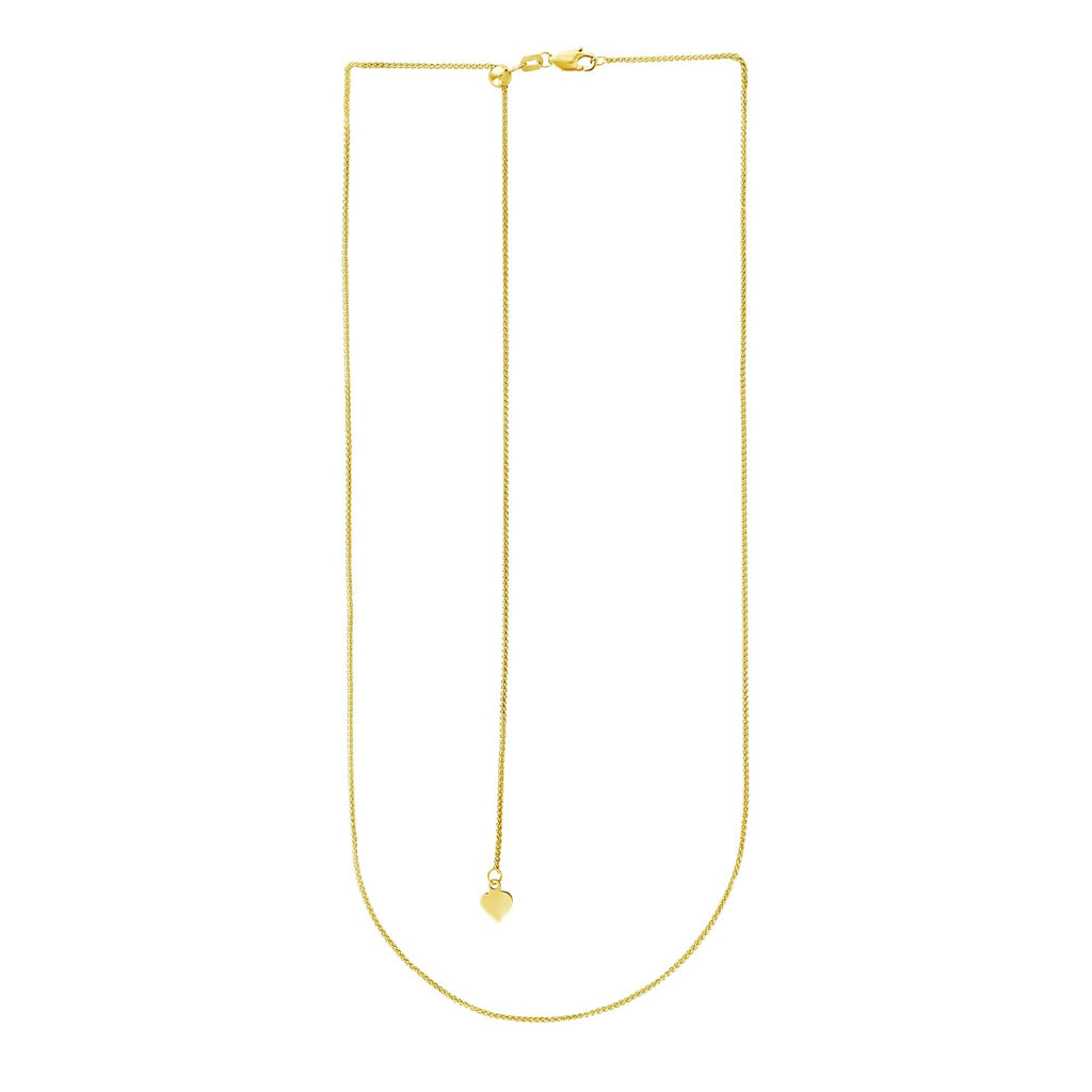 14K Yellow Gold Adjustable Wheat Chain Necklace with Heart Dangle (1.00 mm)