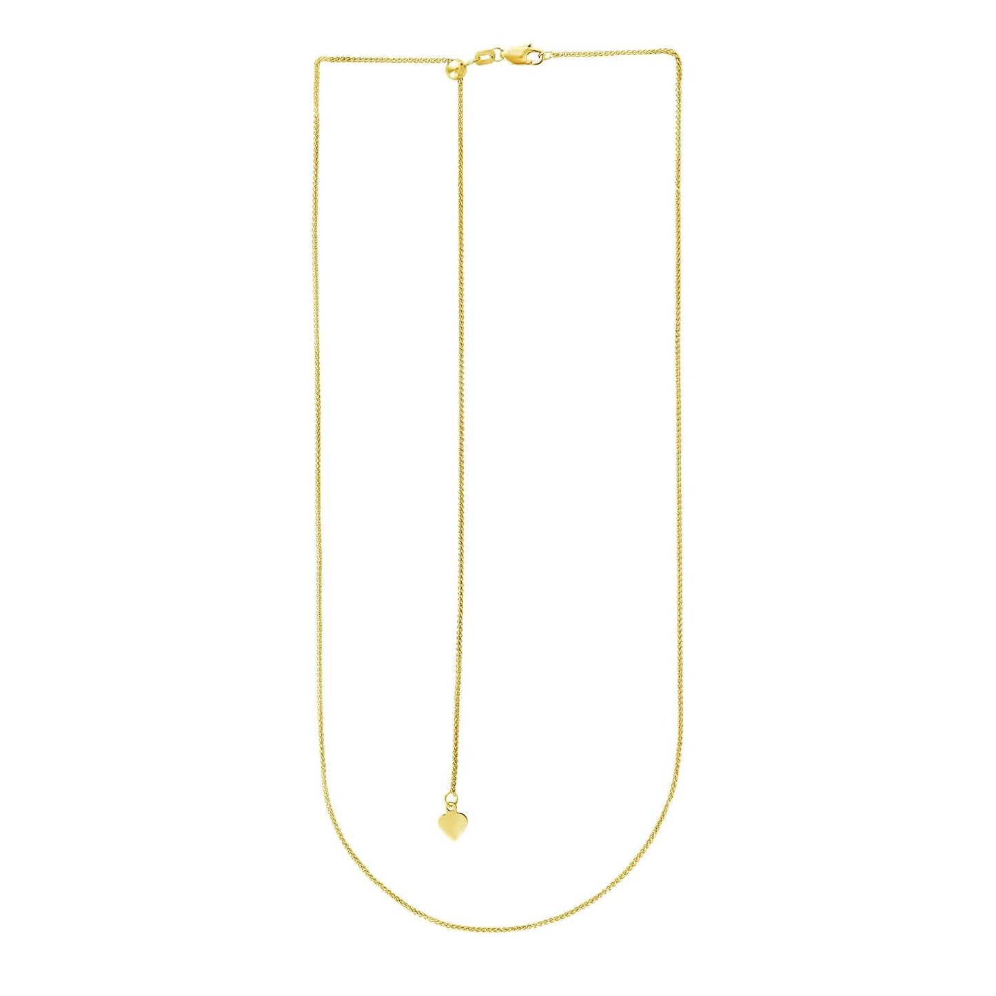 14K Yellow Gold Adjustable Wheat Chain Necklace with Heart Dangle (1.00 mm)