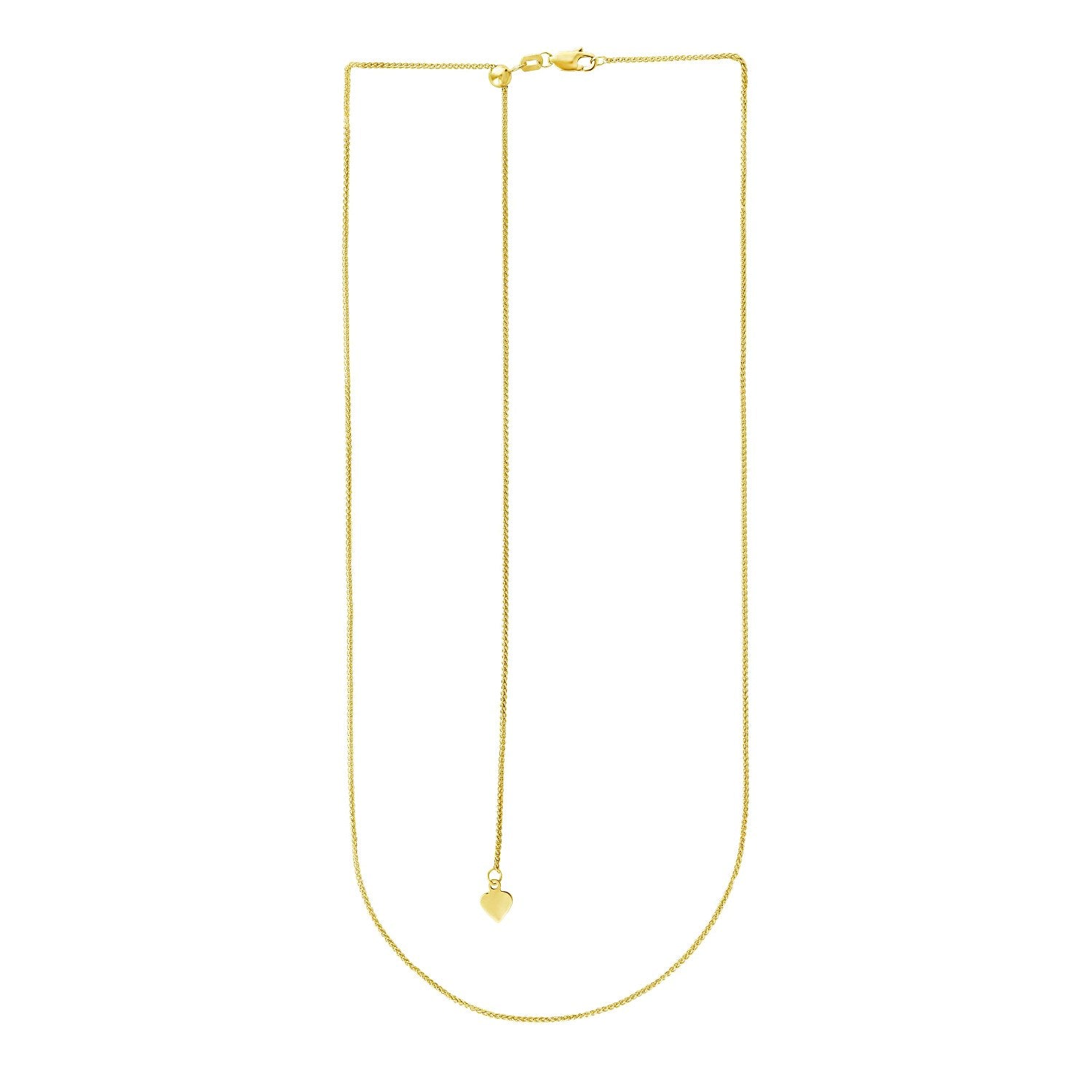 14K Yellow Gold Adjustable Wheat Chain Necklace with Heart Dangle (1.00 mm)