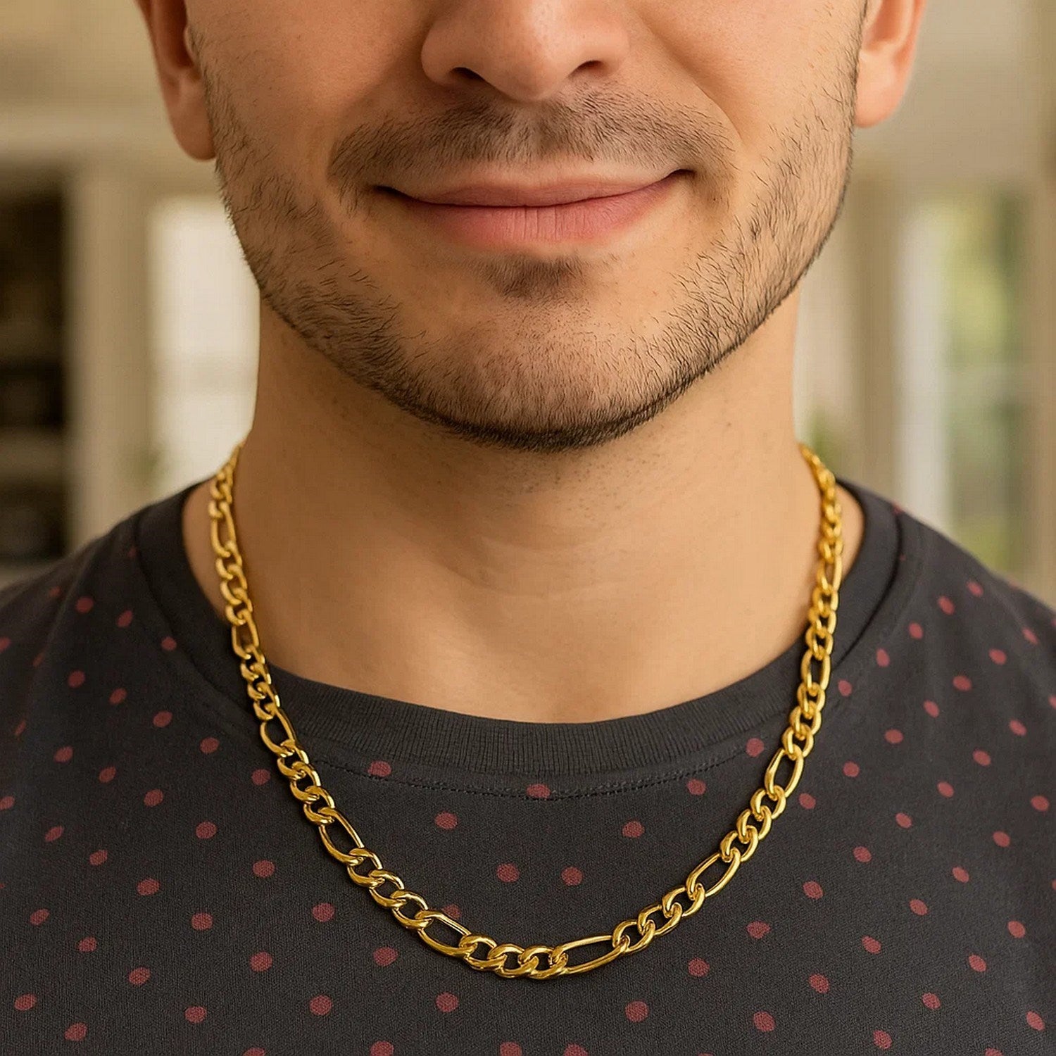 14K Yellow Gold Lite Figaro Chain – 6.60mm, Solid Gold