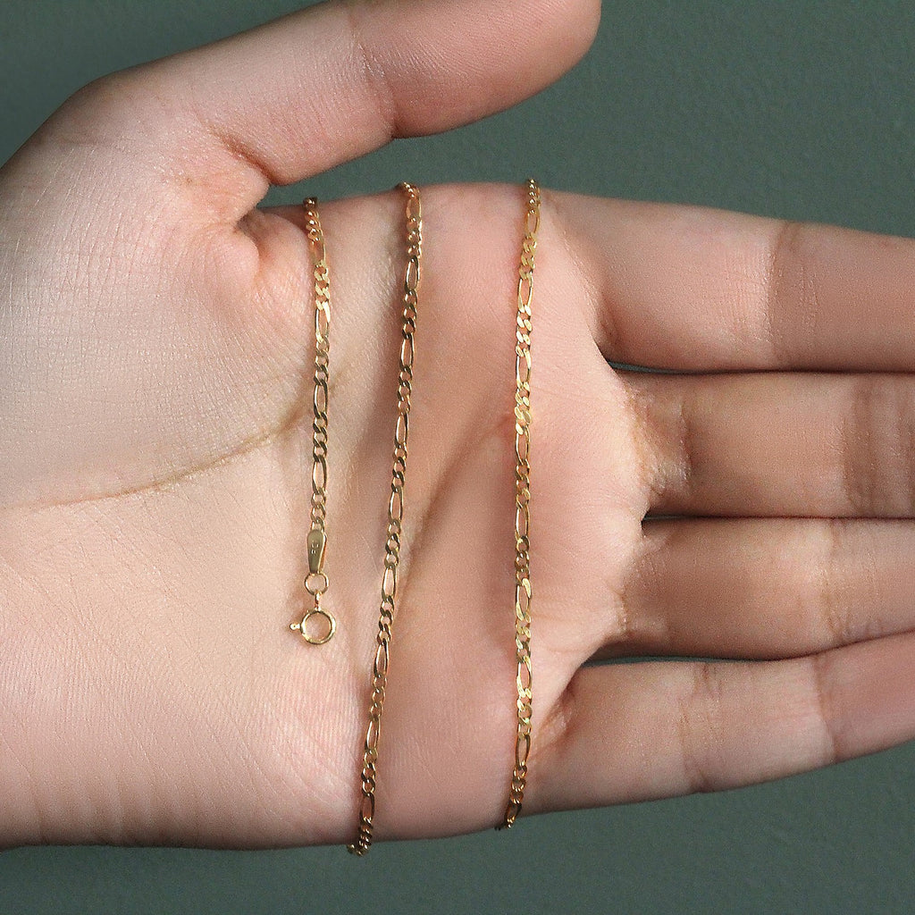 14K Yellow Gold Solid Figaro Chain – 1.90mm, Solid Gold