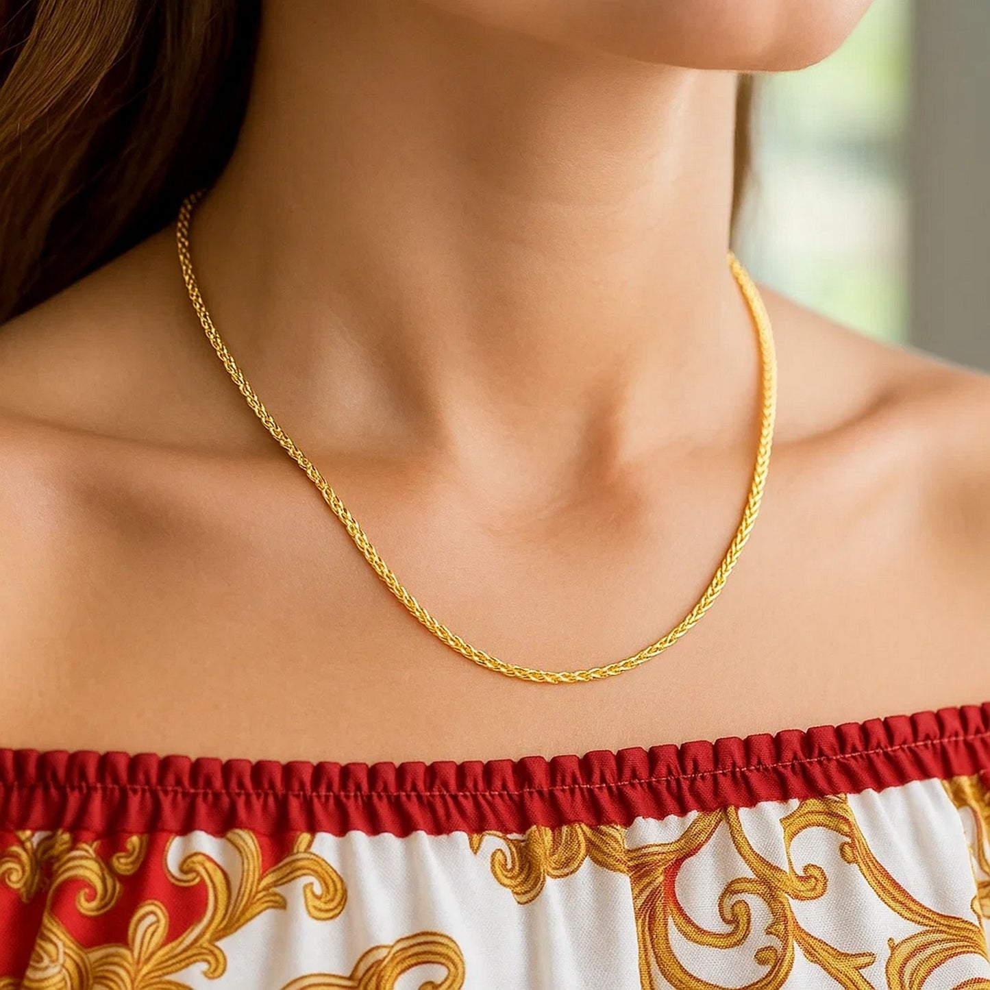 14K Yellow Gold Diamond Cut Round Wheat Chain Necklace (1.20 mm)