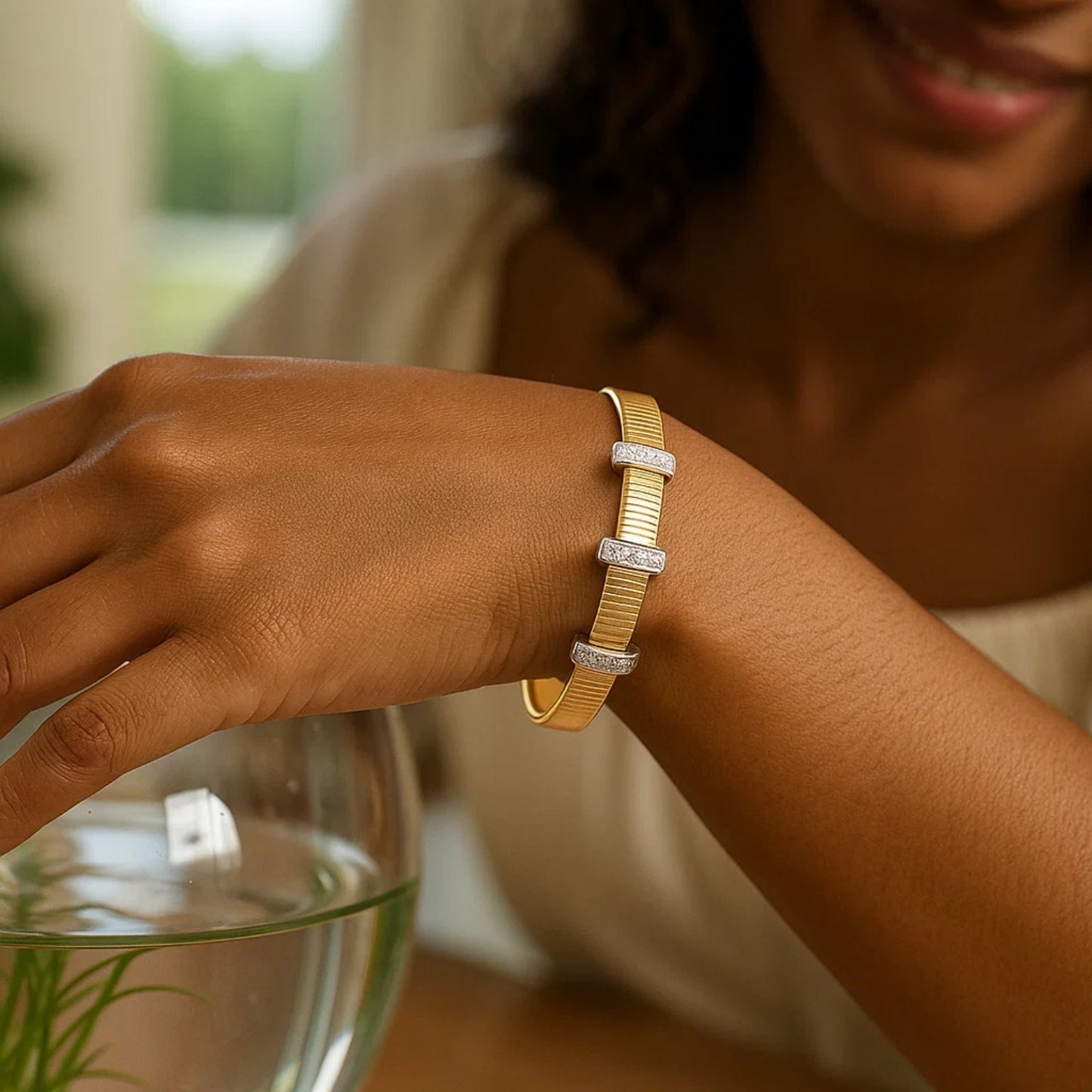 14K Yellow Gold Diamond Omega Cuff Bangle