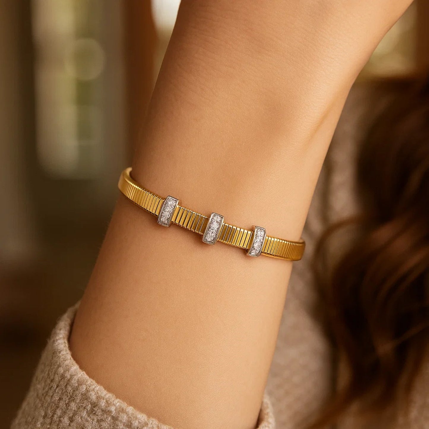 14K Yellow Gold Diamond Omega Cuff Bangle