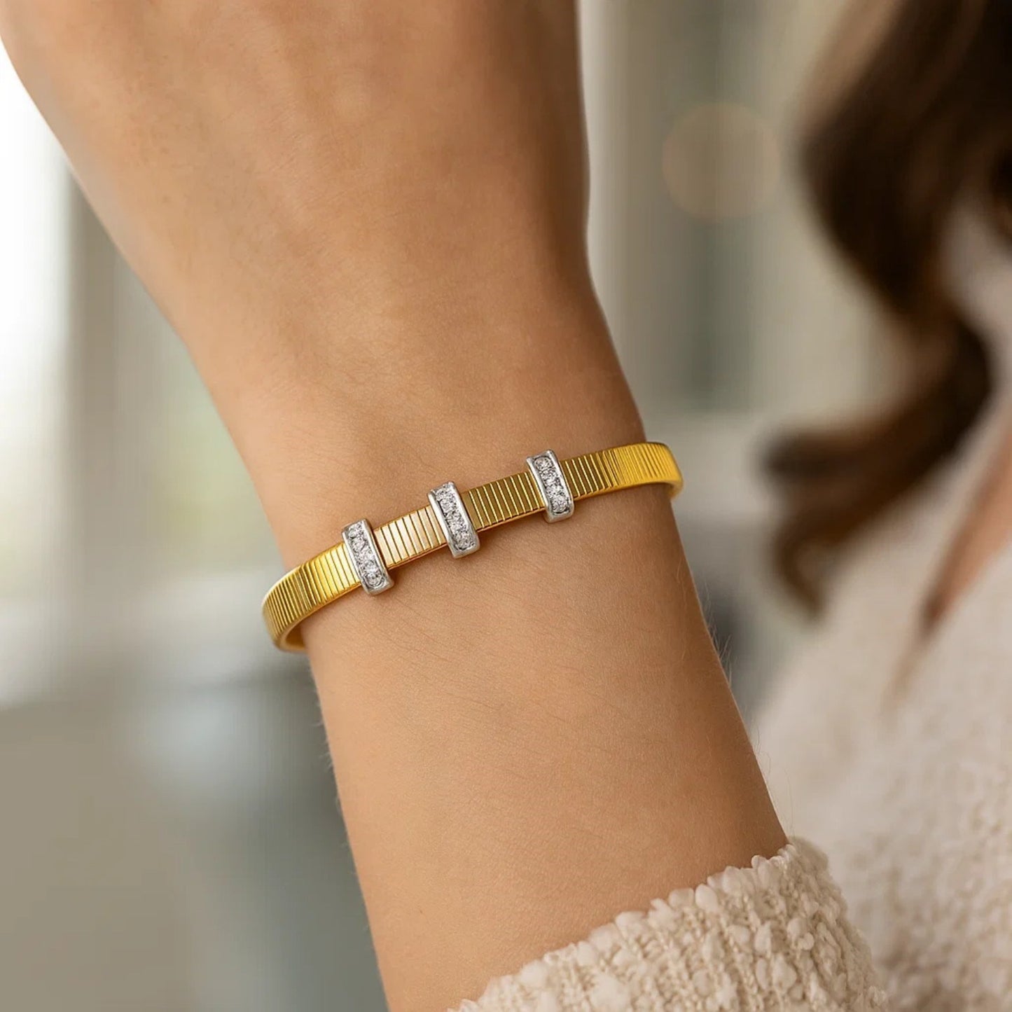 14K Yellow Gold Diamond Omega Cuff Bangle