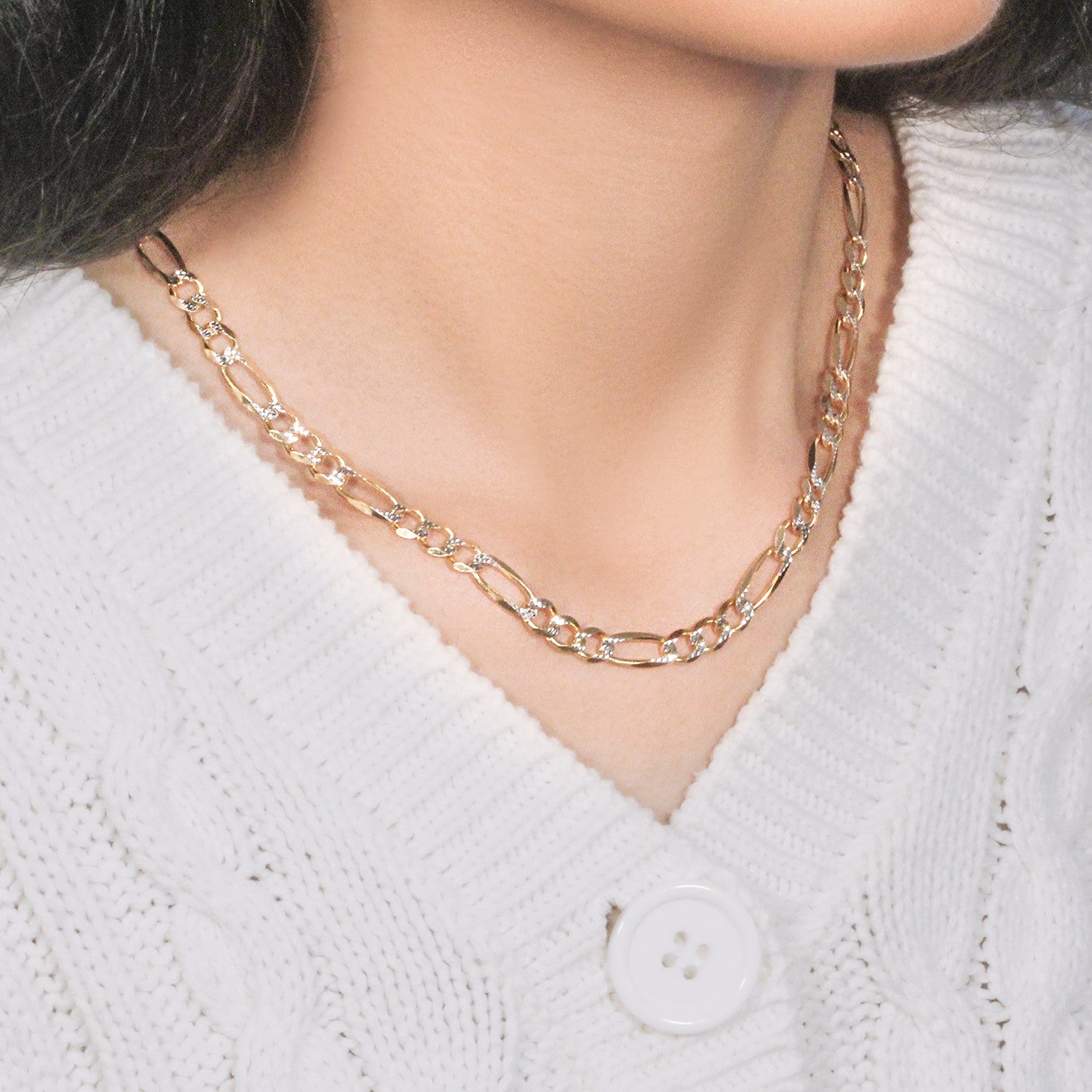 14K Two-Tone Gold Solid Pavé Figaro Chain – 5.90mm, Solid Gold
