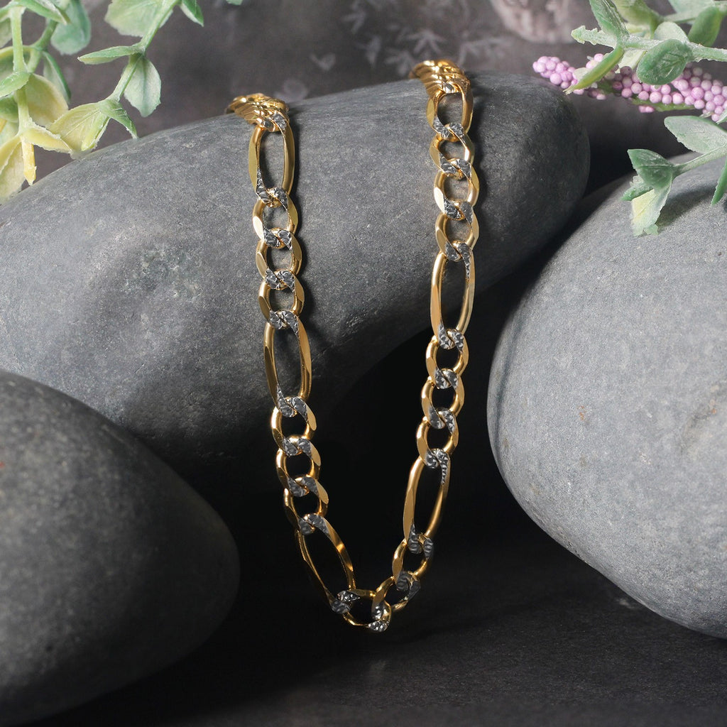 14K Two-Tone Gold Solid Pavé Figaro Chain – 5.90mm, Solid Gold