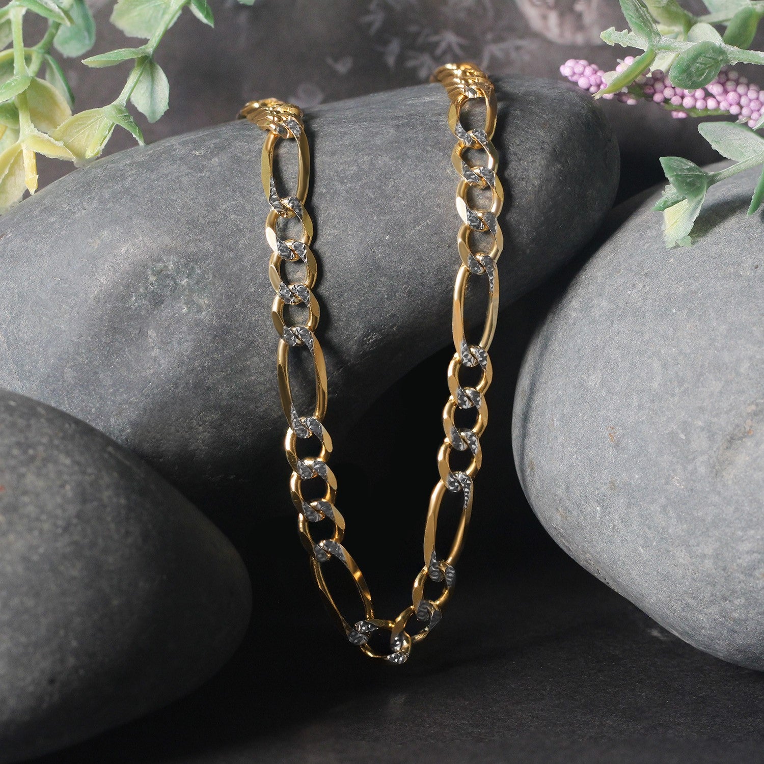14K Two-Tone Gold Solid Pavé Figaro Chain – 5.90mm, Solid Gold