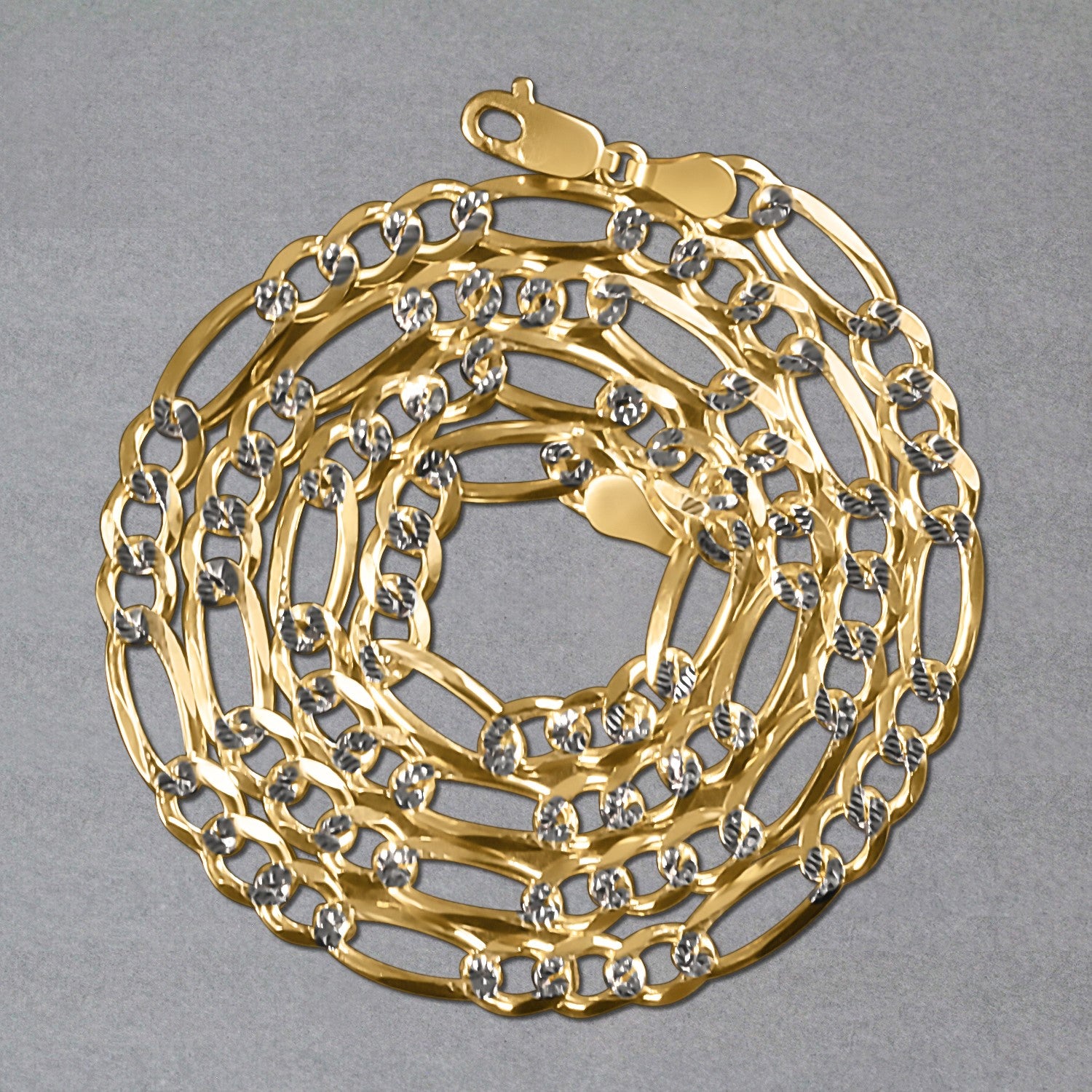 14K Two-Tone Gold Solid Pavé Figaro Chain – 5.90mm, Solid Gold