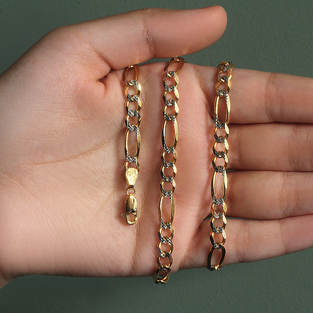 14K Two-Tone Gold Solid Pavé Figaro Chain – 5.90mm, Solid Gold