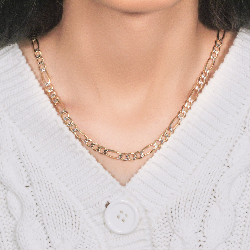 14K Two-Tone Gold Solid Pavé Figaro Chain – 5.90mm, Solid Gold