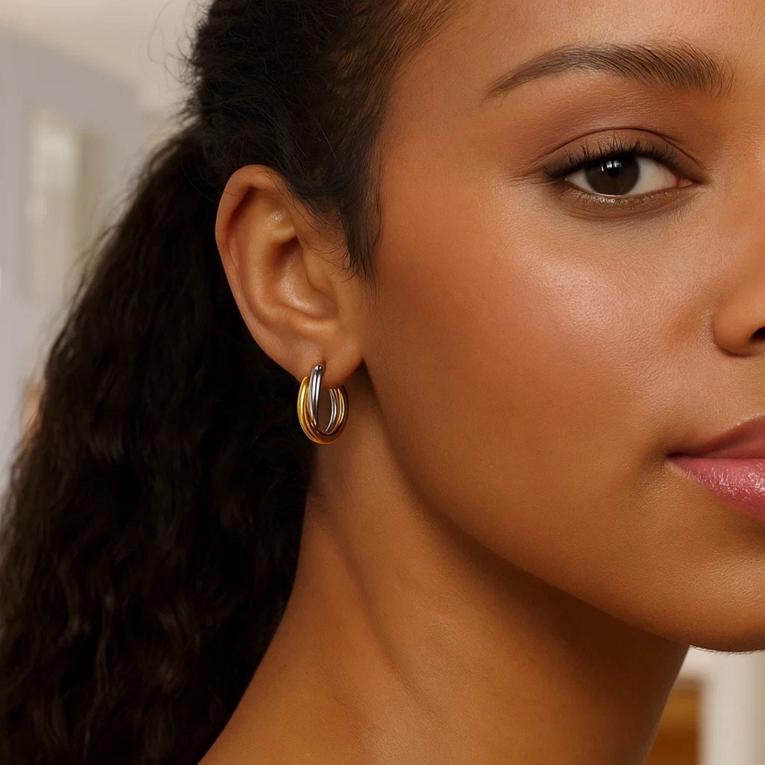 14k Two Tone Gold Double Row Hoop Earrings
