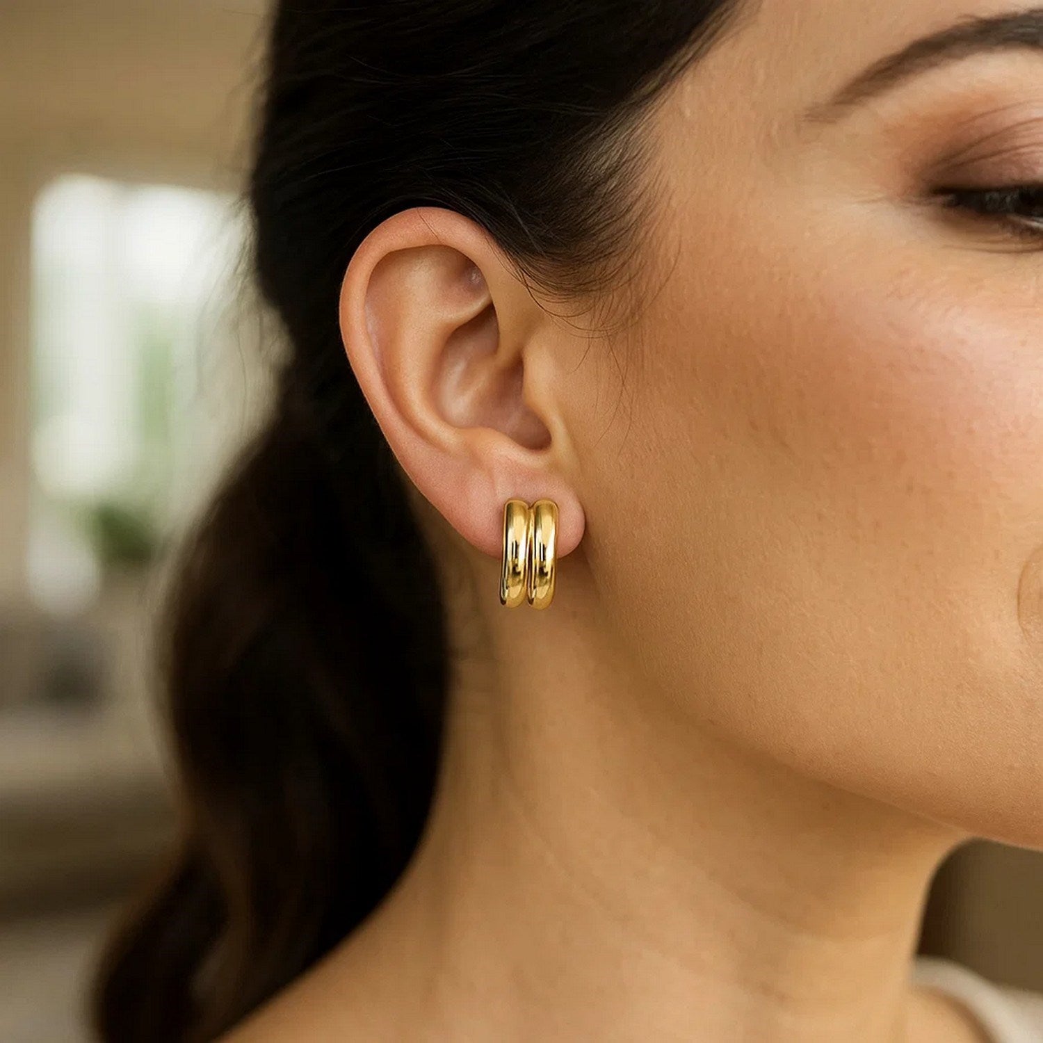 14K Yellow Gold Polished Double Row C Hoop Earrings