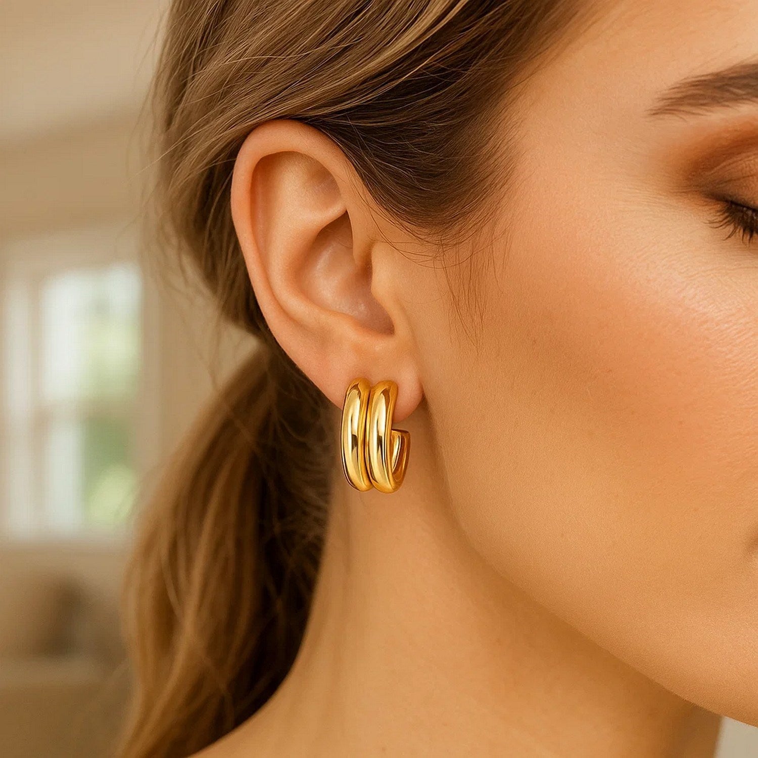 14K Yellow Gold Polished Double Row C Hoop Earrings