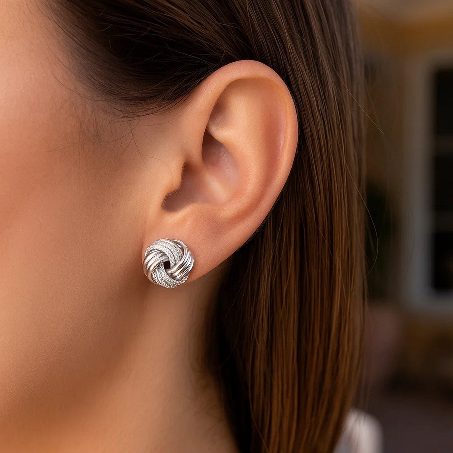 14k White Gold Love Knot with Ridge Texture Earrings