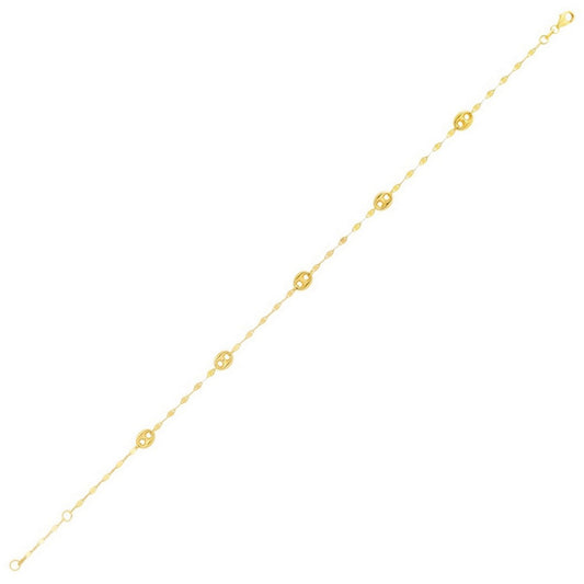 14K Yellow Gold Mirror Chain and Puffed Mariner Station Anklet